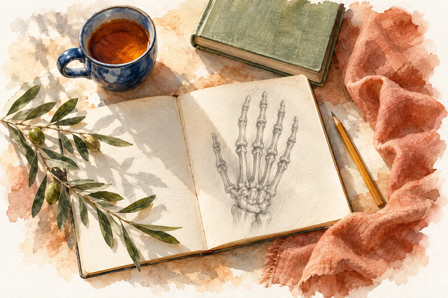 Aquarellillustration eines aufgeschlagenen Anatomie-Skizzenbuchs mit Tee, Büchern und Stiften.